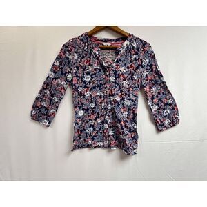 Percina Womens V-neck Button Front Closure Elbow Sleeve Top Black Floral Size 8